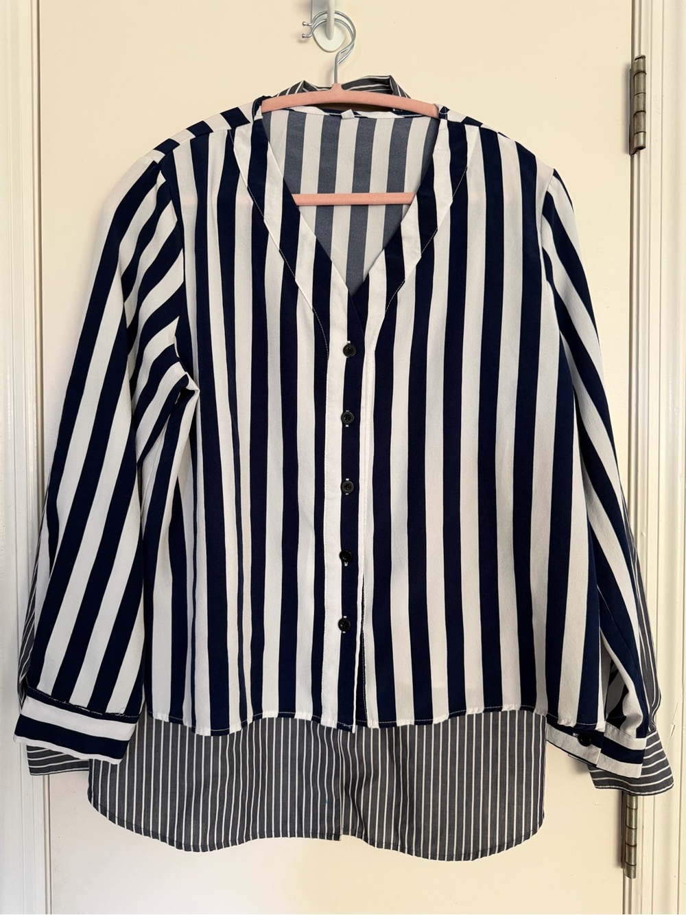 2 Button Up L/S Blue & White Vertical Stripe Dress Shirts Size Large